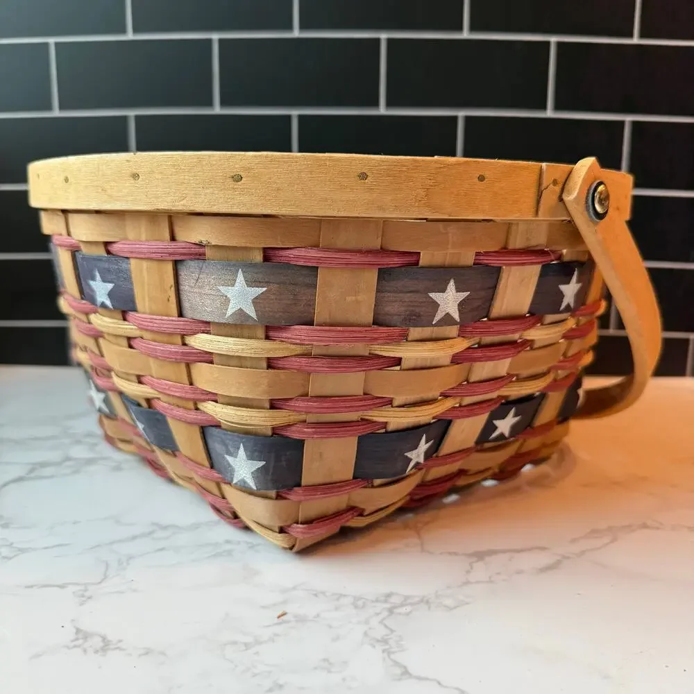 Vtg Woven Wood Basket Square Storage Americana Red Patriotic